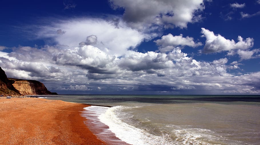 Seashore, beach, blue, clouds, coast, coastal, coastline, landscape HD wallpaper