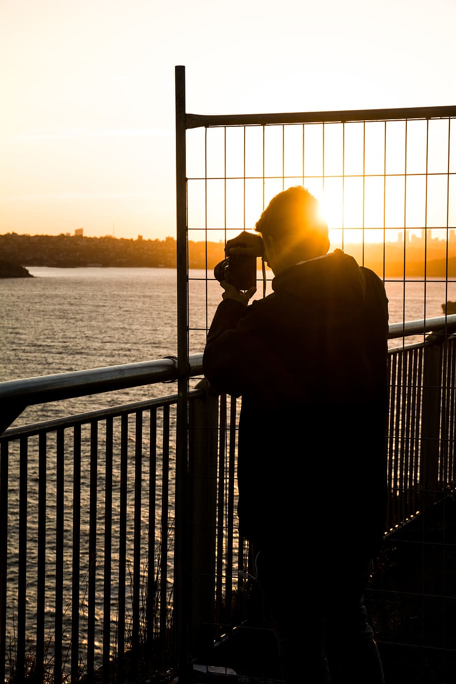 australia, manly, sky, railing, sunset, water, one person, standing HD wallpaper
