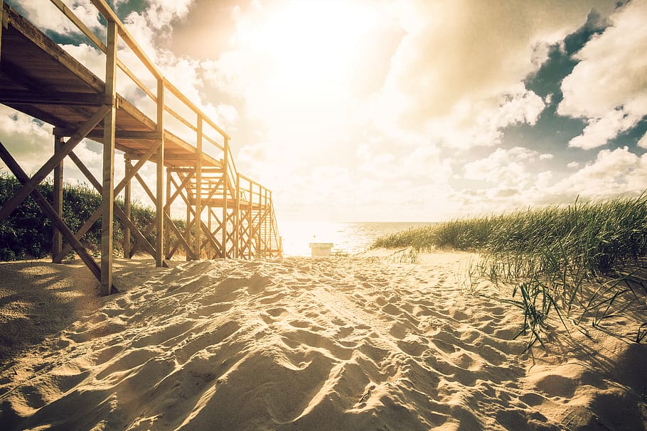 germany, sylt, pier, gras, clouds, vacation, holiday, island HD wallpaper