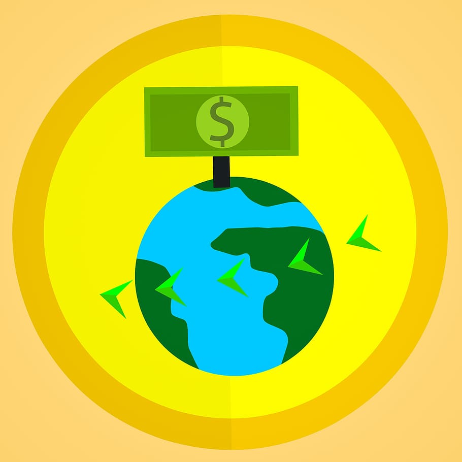 Illustration of moving money around the world in a money transfer.