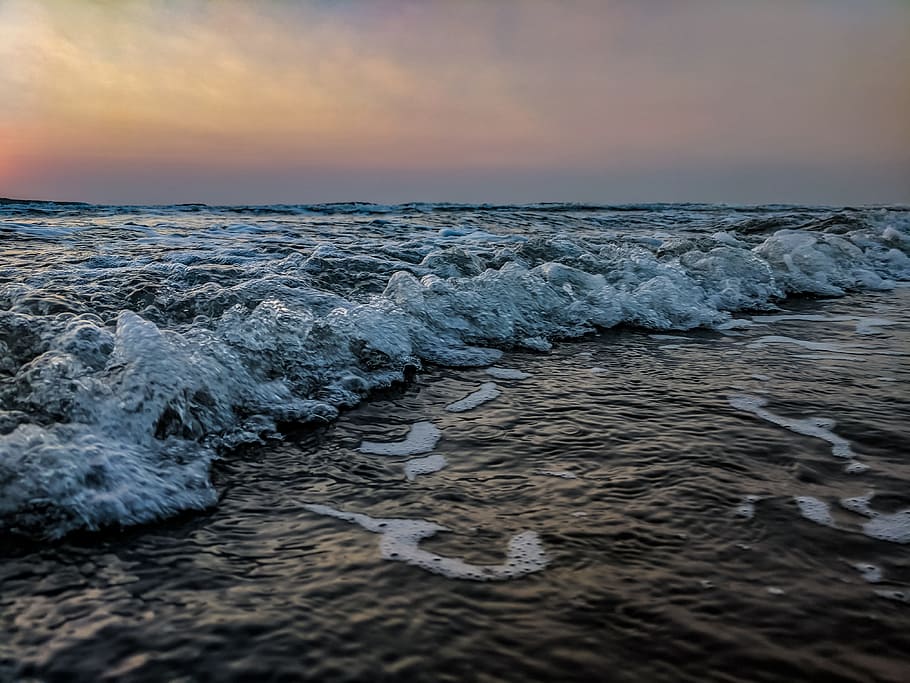 Landscape Photo of Waves, beach, clouds, dusk, evening, golden hour, HD wallpaper