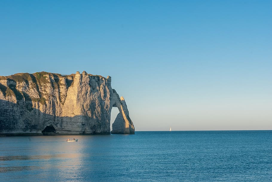 etretat, needle, creuse, normandy, cliff, france, sea, landscape, HD wallpaper