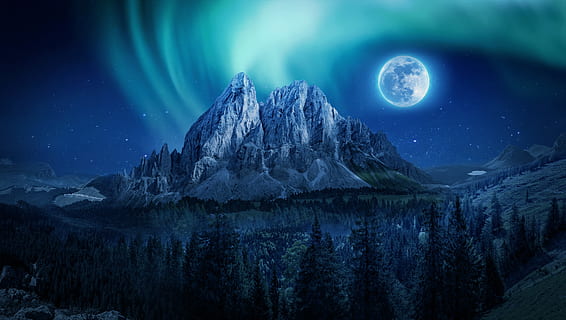 mountain, aurora, moon, night, northern lights, landscape, night sky HD wallpaper