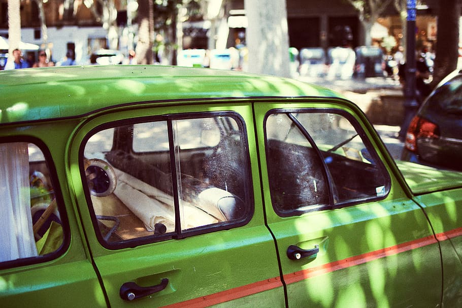 green vehicle, car, automobile, transportation, glass, spain HD wallpaper