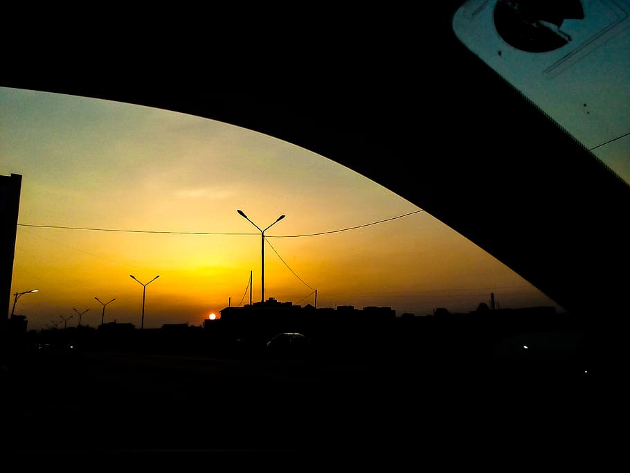 sunset, traffic, road, empty road, car, inside car, windshield HD wallpaper