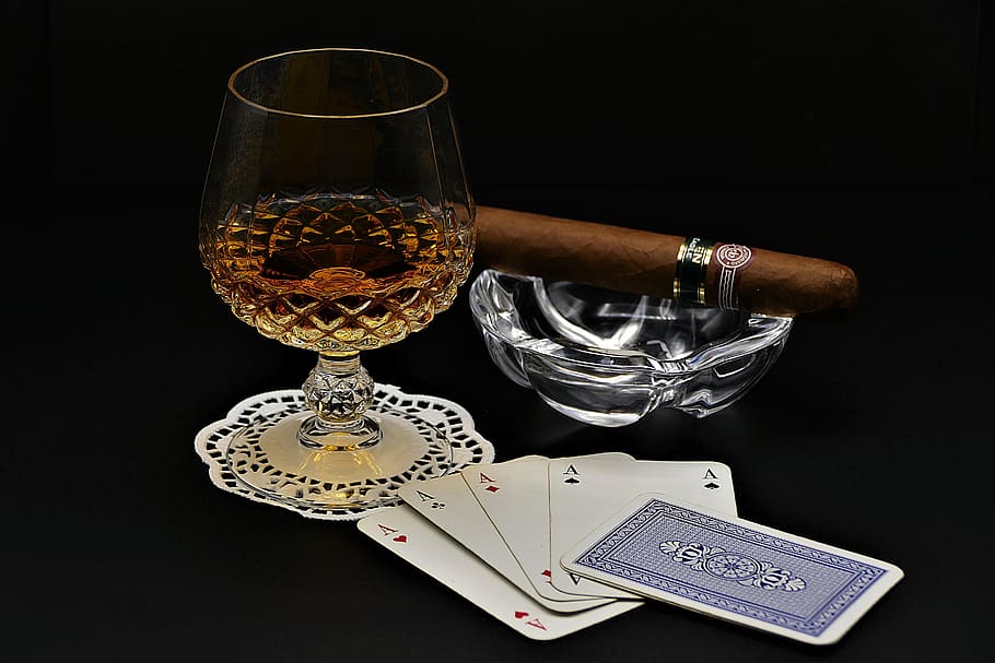 cognac, poker, cigar, playing cards, aces, drink, mr evening, HD wallpaper