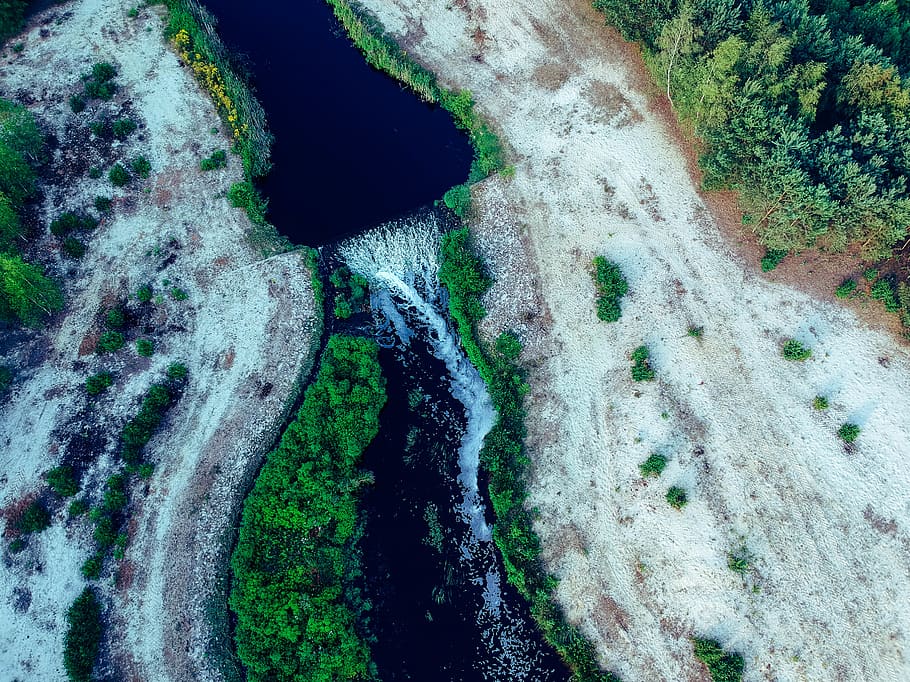 rive, river, topdown, water, lake, aerial, aerial view, aerial waterfall HD wallpaper