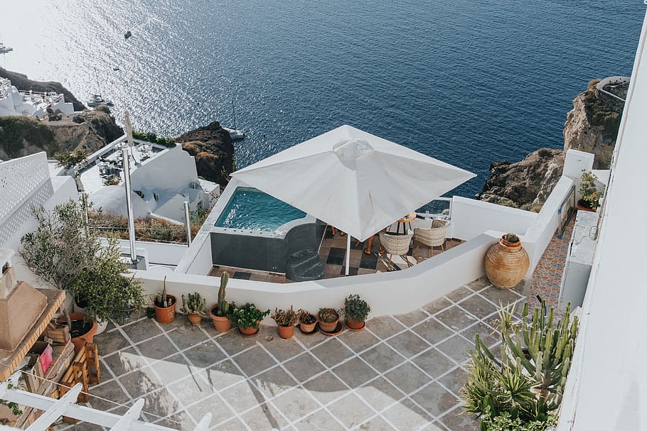 santorini, patio, sea side, top view, from above, adventure, HD wallpaper