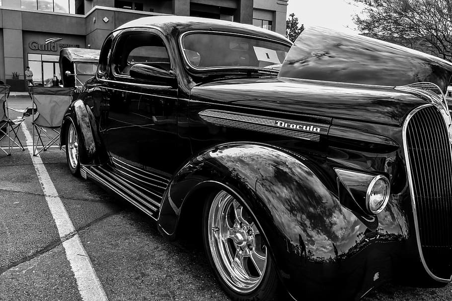 classic cars, dracula, dark prince, black and white, las vegas, HD wallpaper