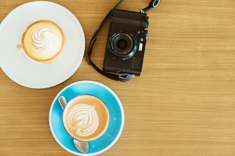 Black Camera And Two Coffee Cups With Saucers, beverage, caffeine HD wallpaper
