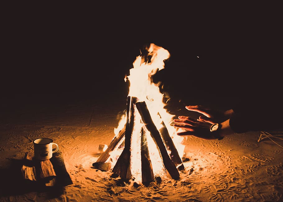 fire, flame, bonfire, campfire, dark, night, heat, firewood HD wallpaper
