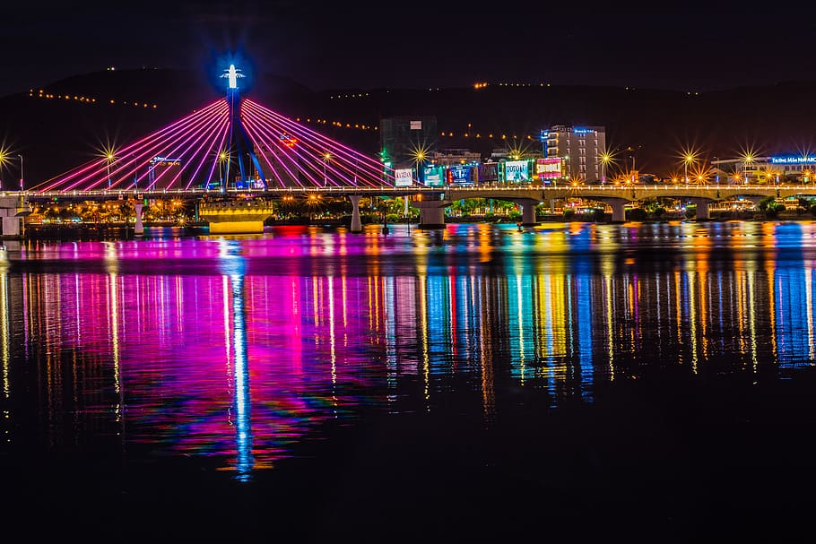 buildings with during nighttime, light, laser, lighting, bridge, HD wallpaper