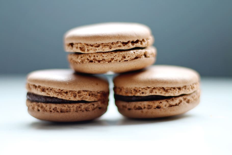 Selective Focus Photo of Three Macaroons, bakery, baking, chocolate HD wallpaper