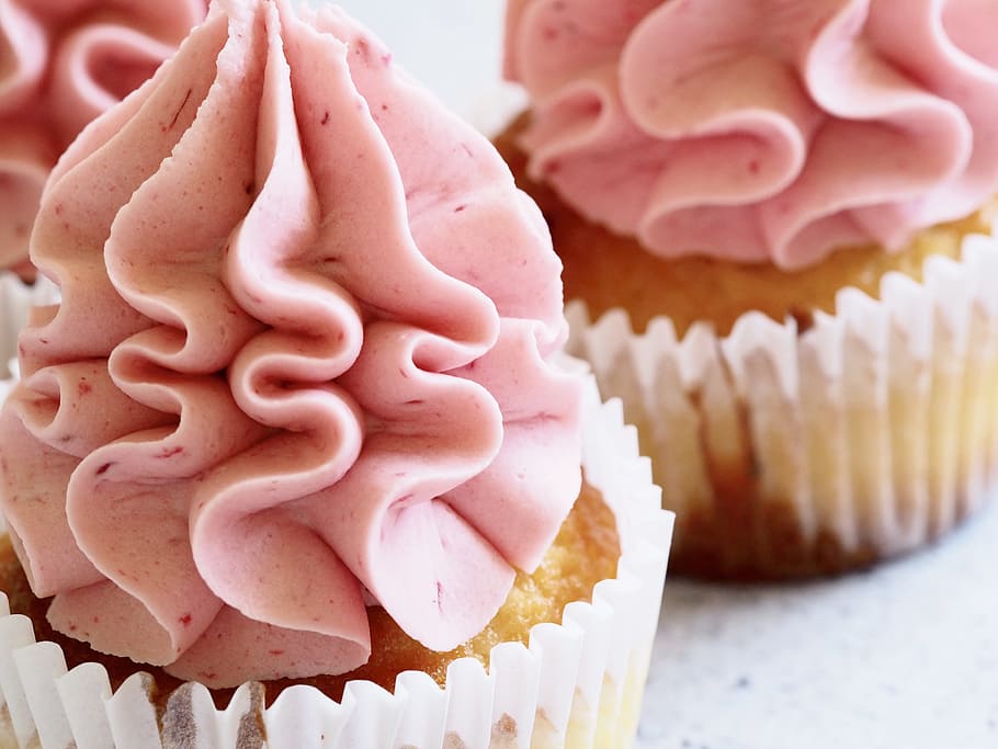 pink, cupcake, icing, dessert, close up, pastry, baking, bake HD wallpaper