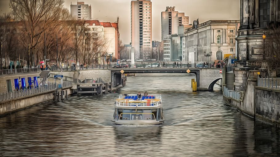 White Powerboat Under Gray Bridge, architecture, berlin, buildings HD wallpaper