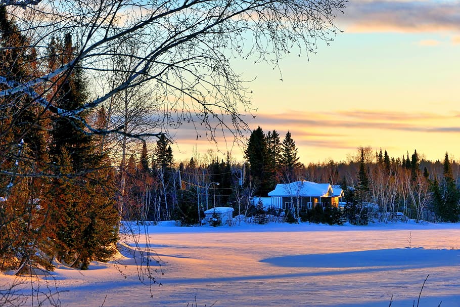 landscape, winter, cold, snow, chalet, colors, twilight, sky HD wallpaper