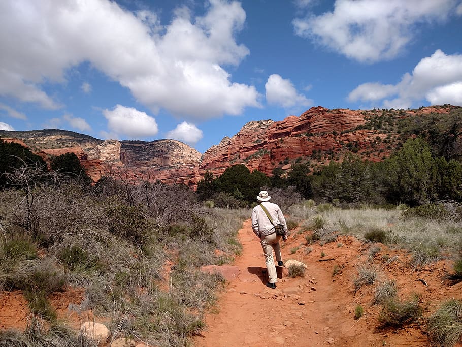 man walking between grasses, sedona, nature, hiking, path, trail HD wallpaper