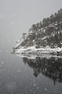 landscape photography of alps mountain, forest, lake, snow, snowing HD wallpaper