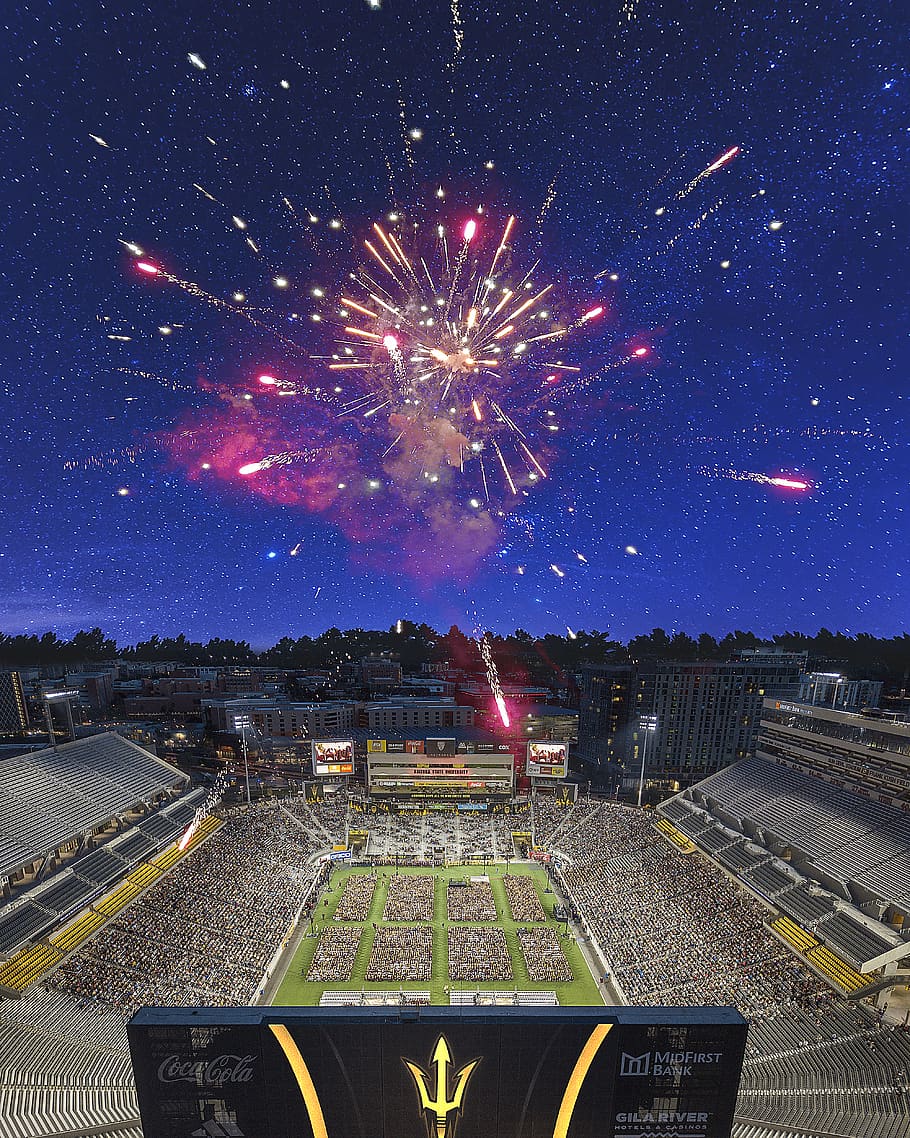 building, stadium, arena, tempe, outdoors, nature, night, fireworks HD wallpaper