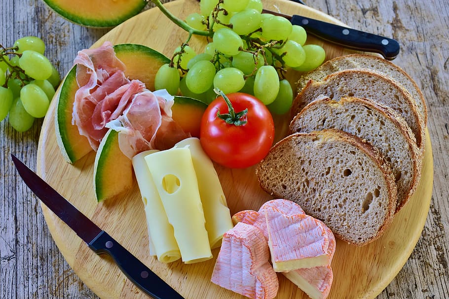 bread, snack, cheese, melon, ham, grapes, tomatoes, eat, food