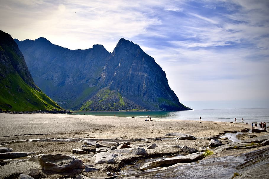 mountains, beach, nature, landscape, sky, ocean, sea, water HD wallpaper