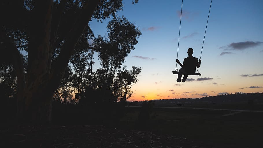 swing, silhouette, shadow, people, sunset, dusk, trees, nature HD wallpaper