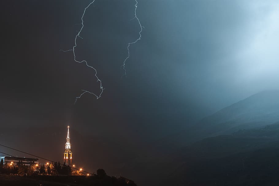 lightning during night time, sky, storm, building, evening, flash HD wallpaper