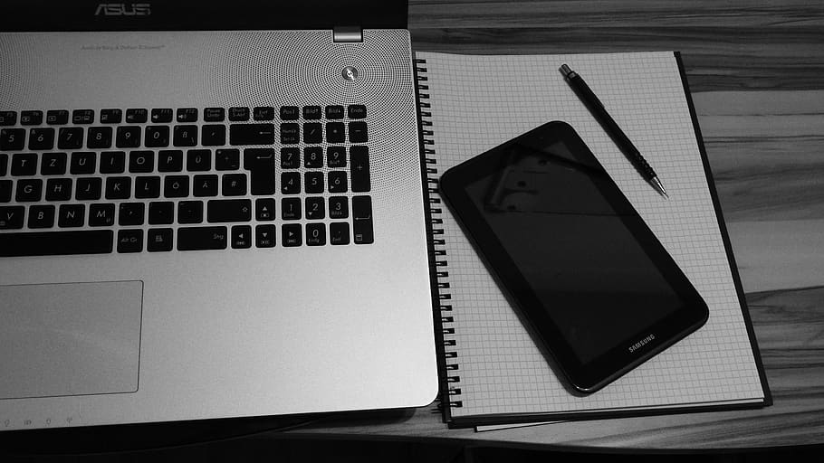 Tablet Computer Beside Laptop Computer, black-and-white, electronics HD wallpaper