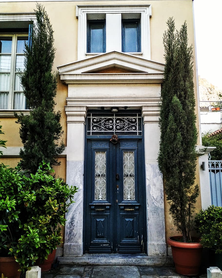 closed black door, plant, home decor, tree, athina, greece, tripodon 28 HD wallpaper