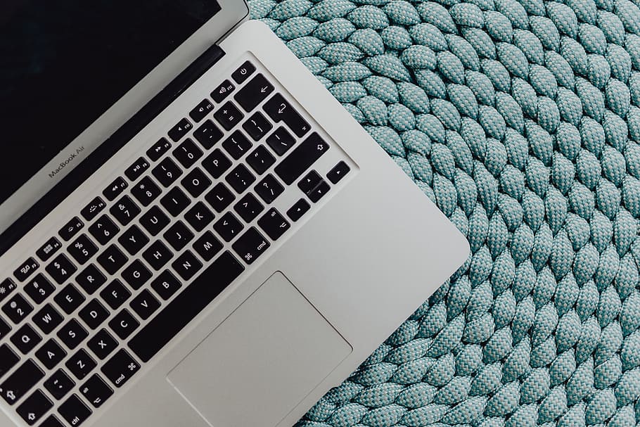 MacBook Laptop on a blue pouf, tech, technology, ottoman, computer HD wallpaper