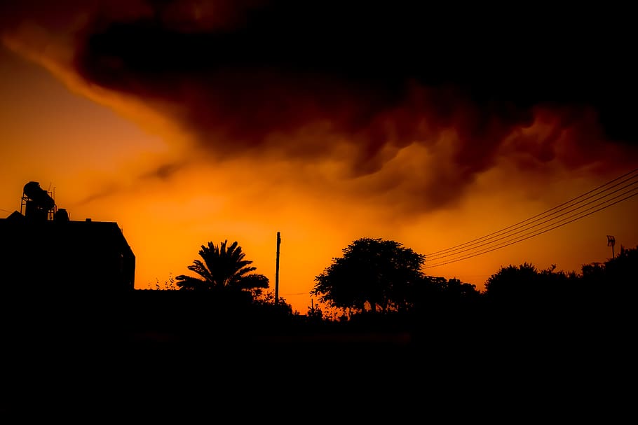 sunset, shadows, silhouettes, sky, clouds, dusk, evening, orange HD wallpaper