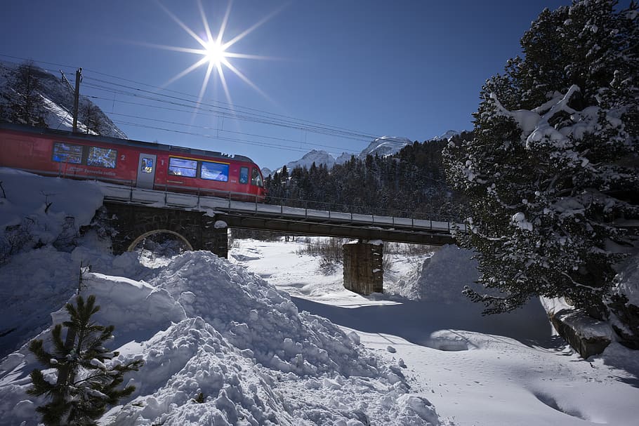 red train on railroad, transportation, vehicle, locomotive, outdoors HD wallpaper