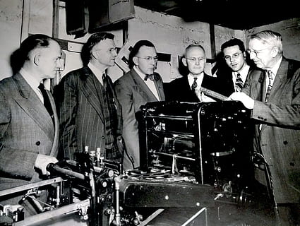 grayscale photography of mens, printing press, suit, spectacle HD wallpaper