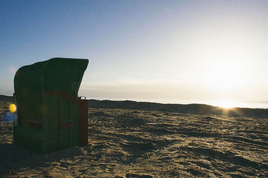 Green beach basket on North Sea, box, calm, calmness, europe HD wallpaper