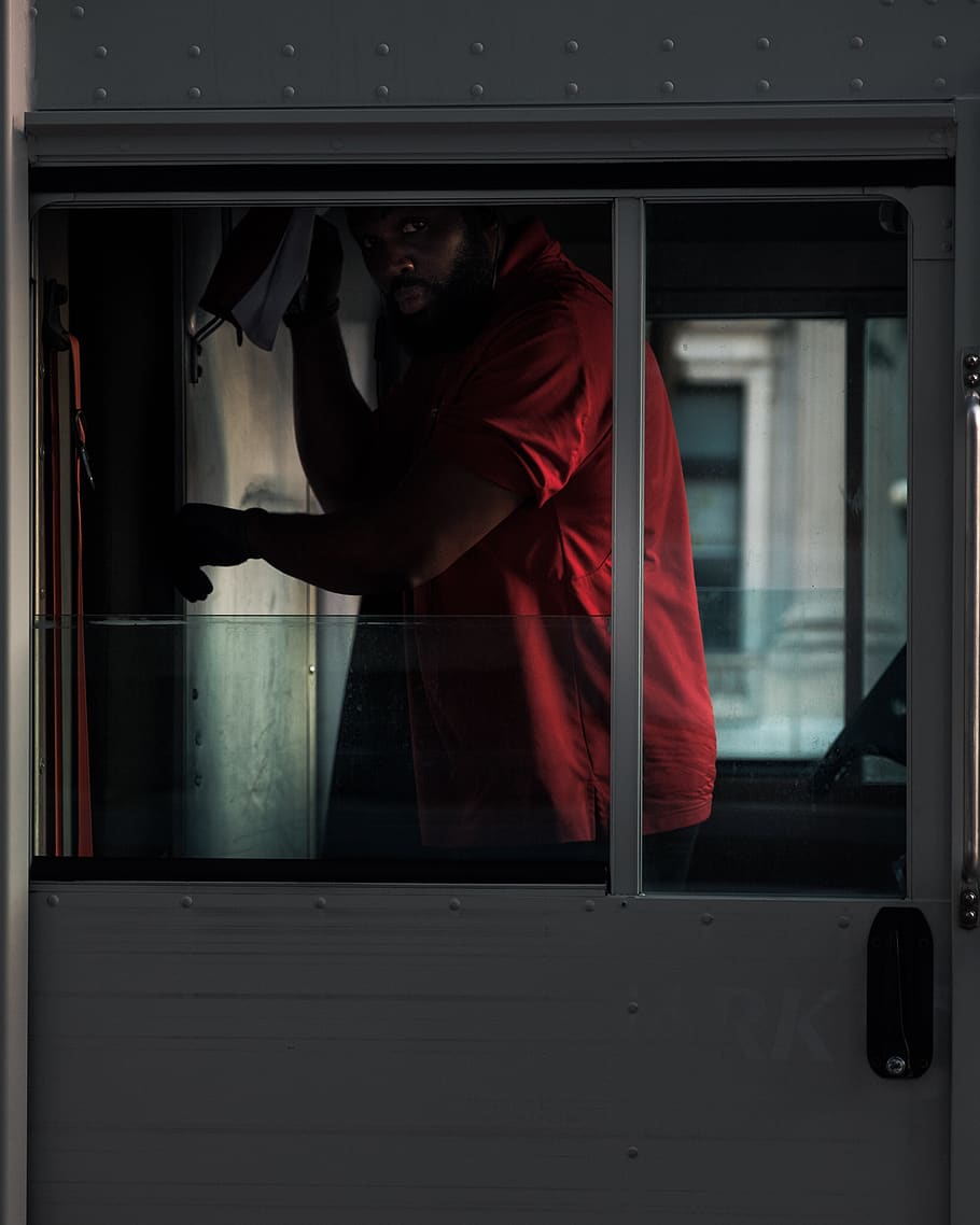 man in red top inside car, lighting, photo booth, furniture, entertainment center HD wallpaper