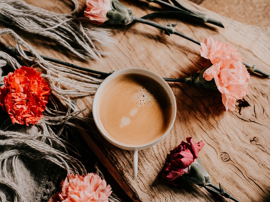 Coffee In Mug Surrounded By Flowers, beverage, caffeine, cup HD wallpaper