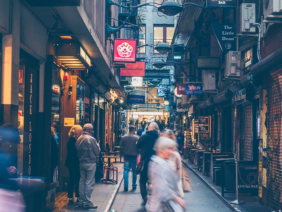 people walking on alley, light, evening, night, melbourne, australia HD wallpaper