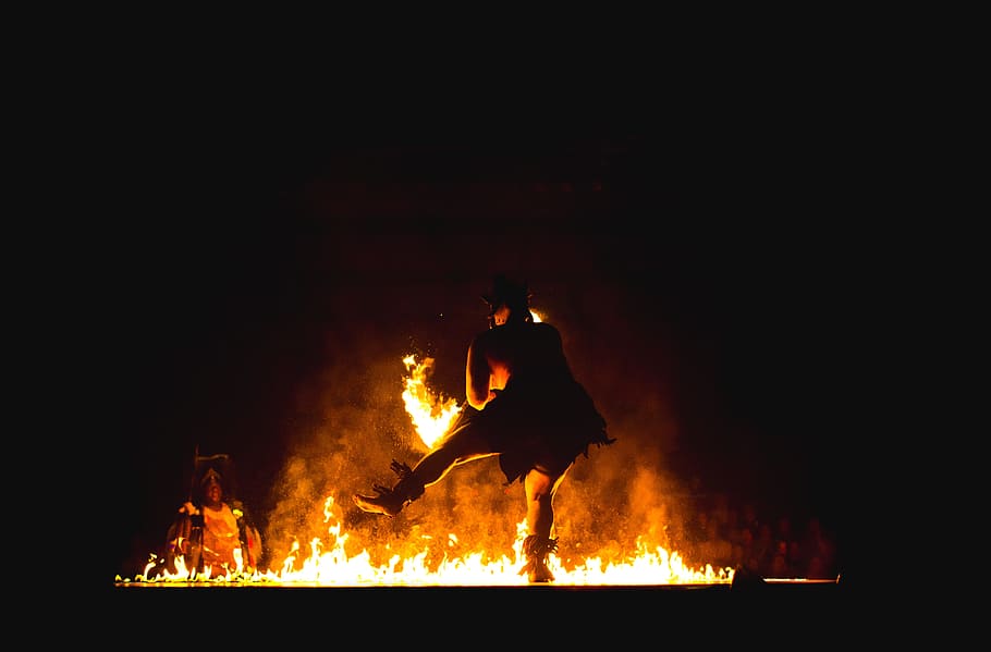 play, fire, dance, dancer, thrill, yellow, dark, burning, flame HD wallpaper