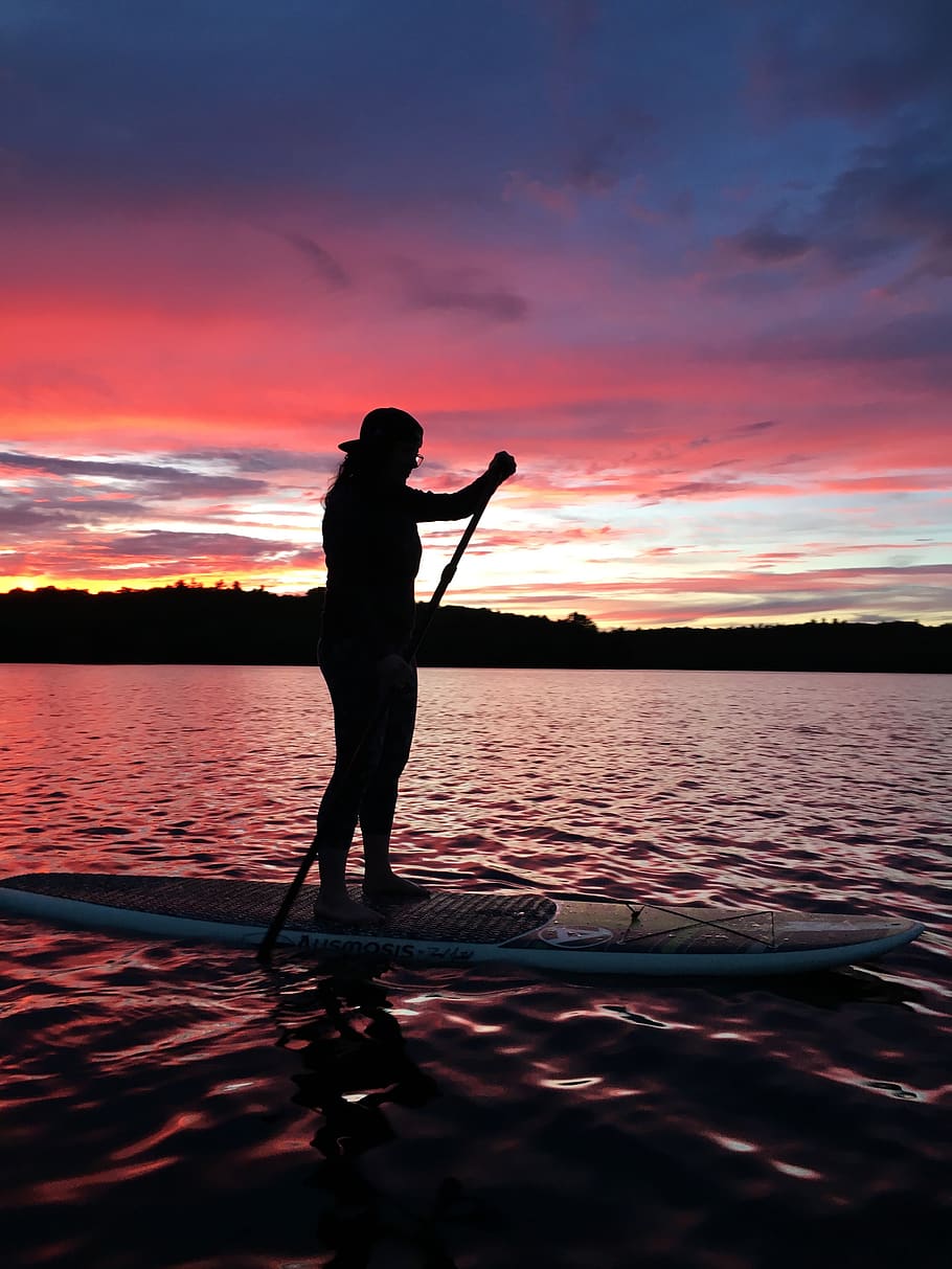 Silhouette of a Person Standing on Surfboard, cap, clouds, dark HD wallpaper