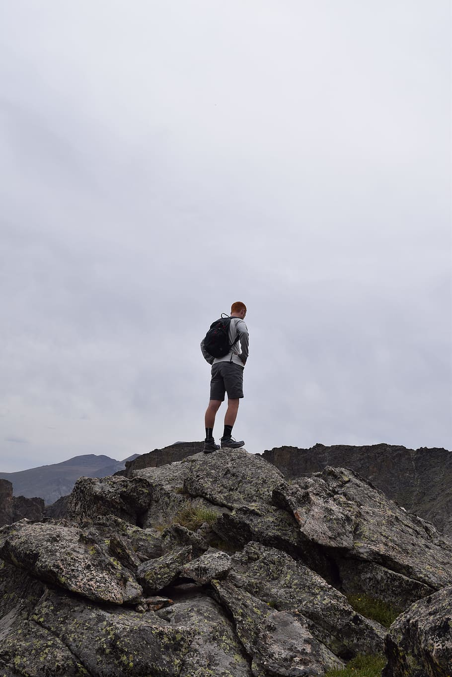 Man With Black Backpack Standing on Rock, action, adventure, backpacker HD wallpaper