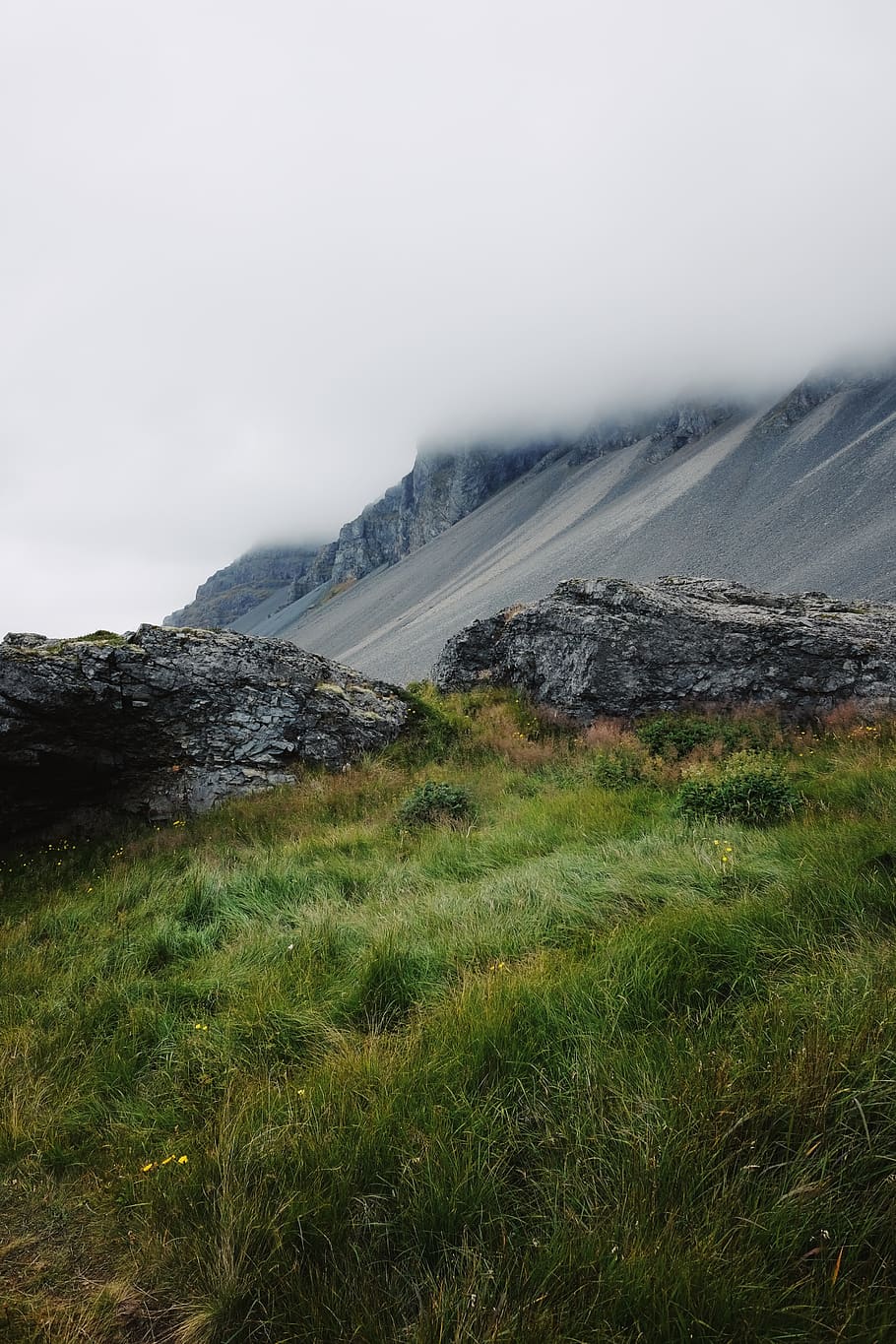 iceland, cliffs, grass, stone, landscape, sky, plant, environment HD wallpaper