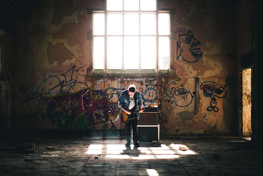 man playing guitar inside building, window, real people, indoors HD wallpaper