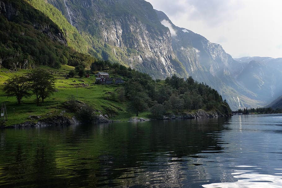 norway, aurland, lake, house, water, fjord, mountains, rocks, HD wallpaper