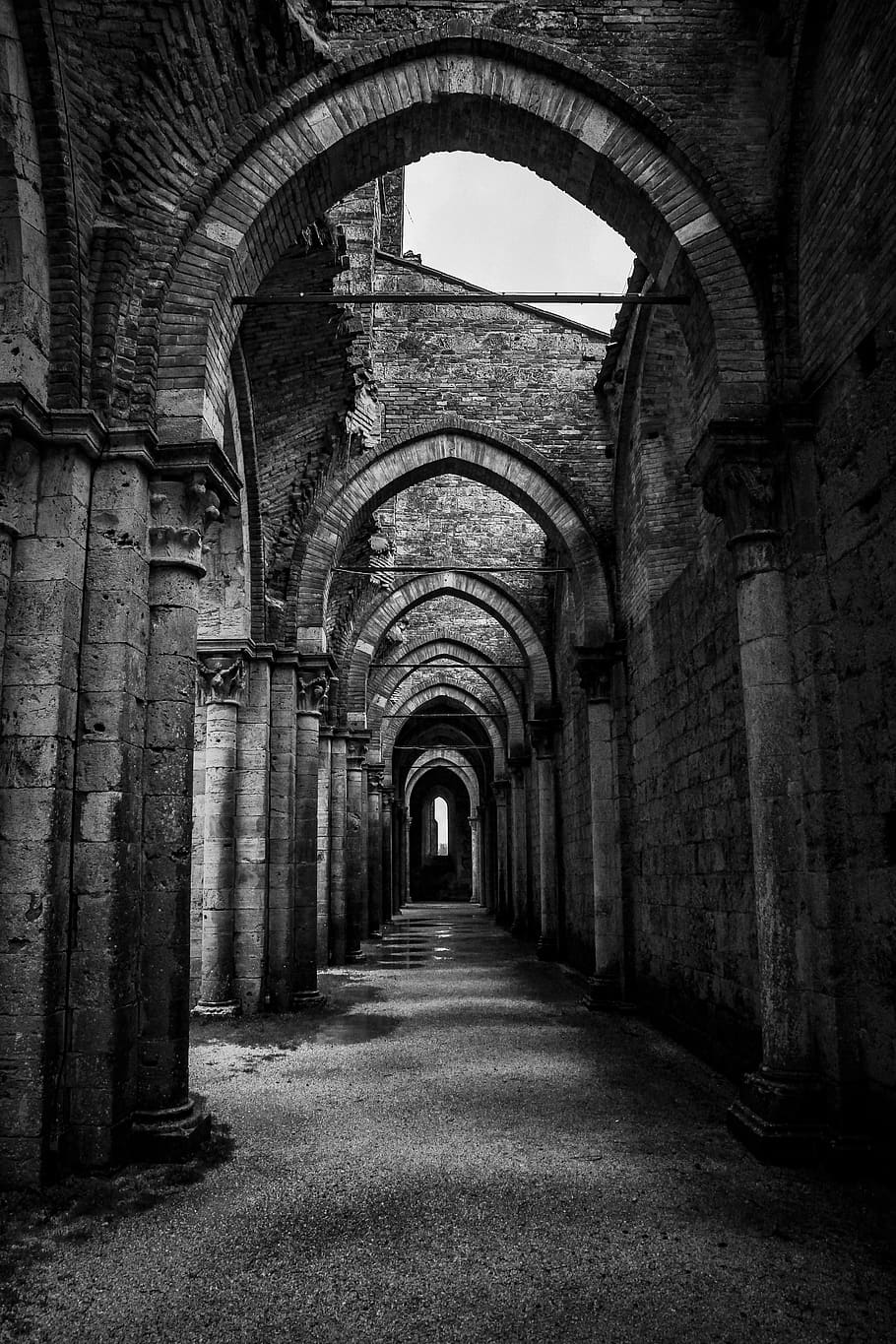 empty gothic building hallway, corridor, indoors, crypt, aisle