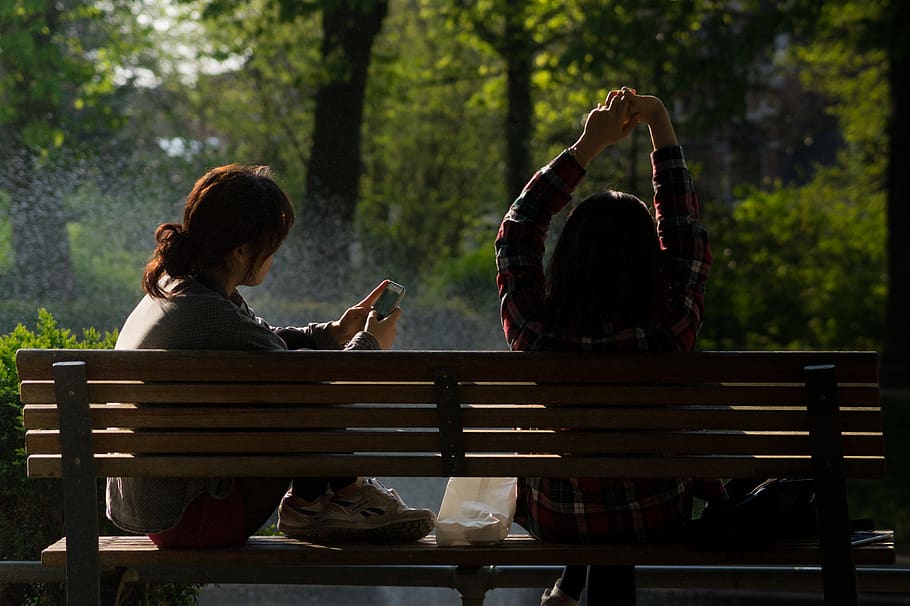 Two Women Sitting on Brown Wooden Park Bench, chat, chatting HD wallpaper