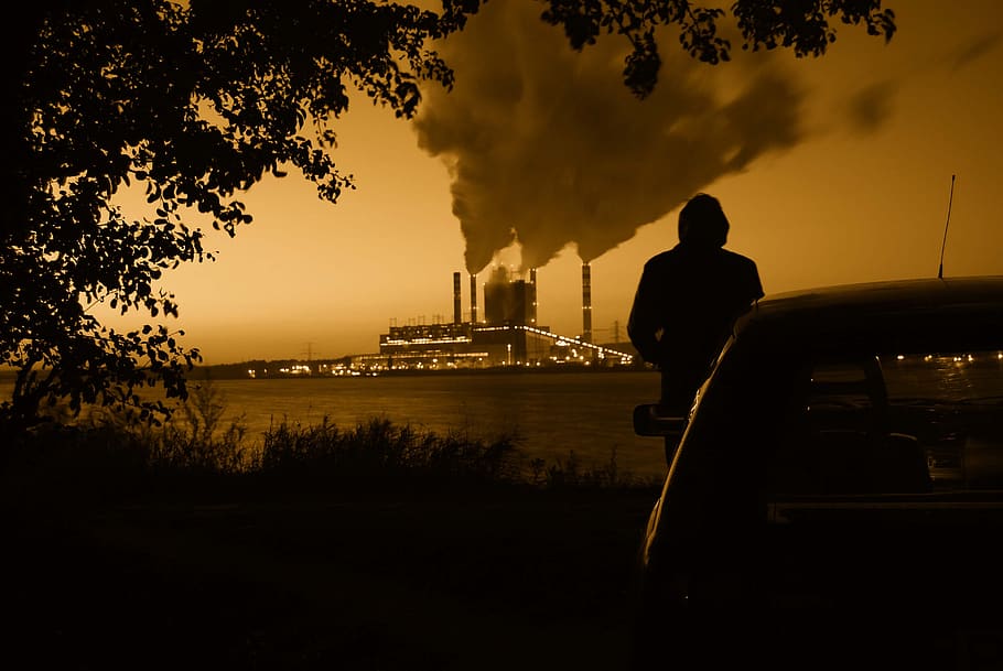 power station, smoke, character, man, chimneys, pollution, a person