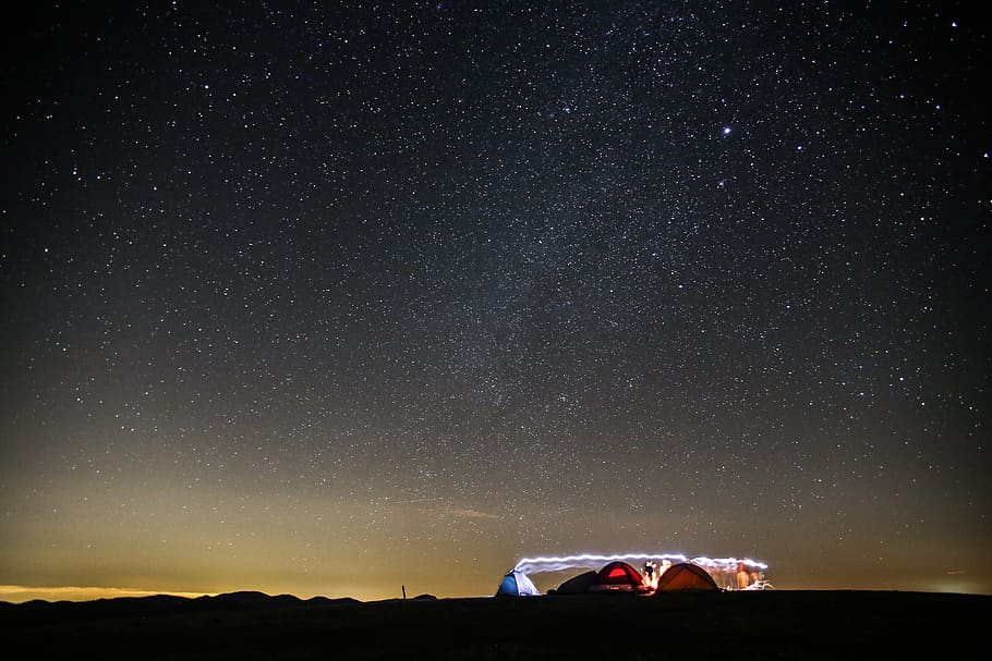 lighted white and red building, camping, night, leisure activities HD wallpaper