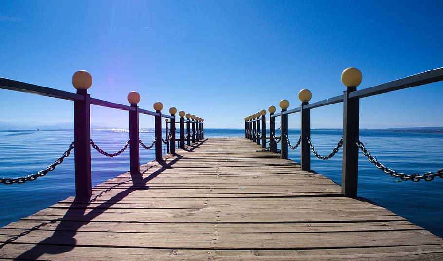 bridge, lake, sea, path, wooden, stage, water, sky, wood - material HD wallpaper