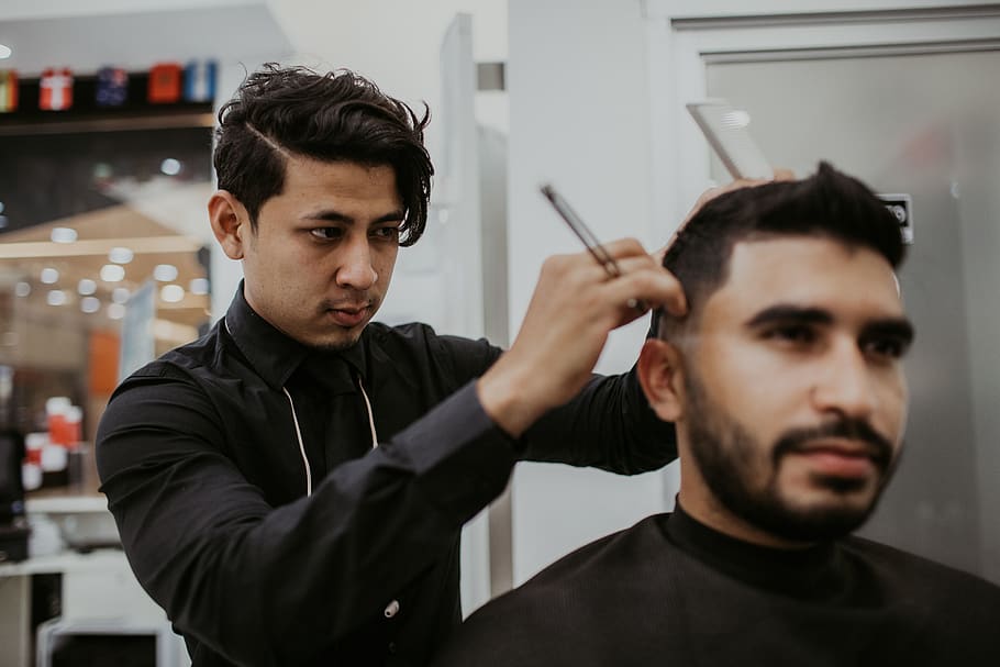 Man Cutting Another Man's Hair, adult, barber, blur, close-up