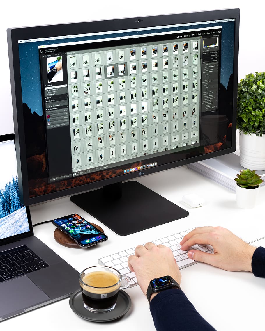 person using Apple magic keyboard, human hand, technology, table HD wallpaper